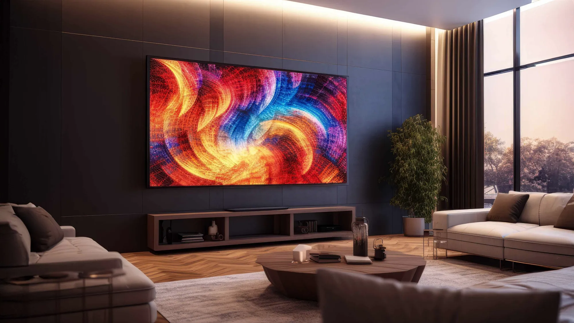 Abstract digital artwork integrated above low cabinetry in a refined residence