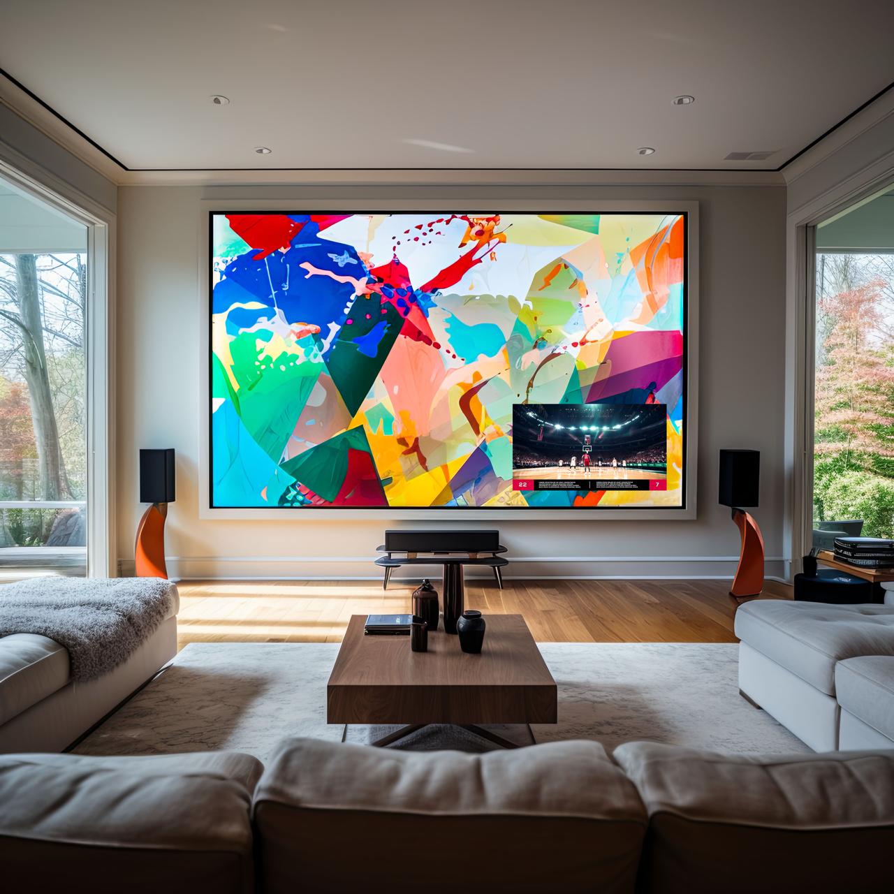 Bright living room with a large colorful art wall and live basketball picture-in-picture