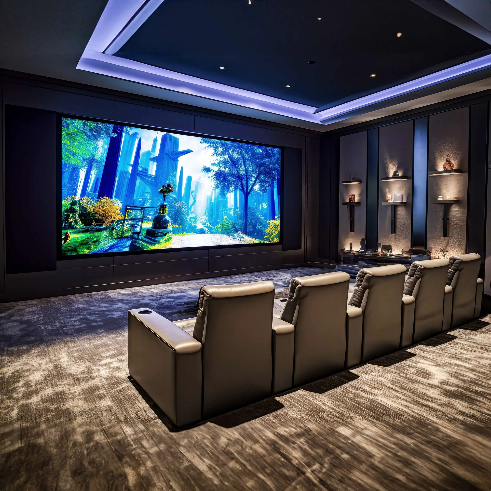 Refined private cinema with a large wall-integrated display and tiered seating