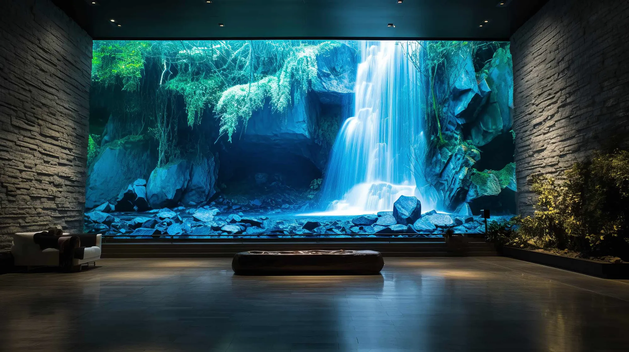 An immersive wall-sized display integrated between dark stone walls