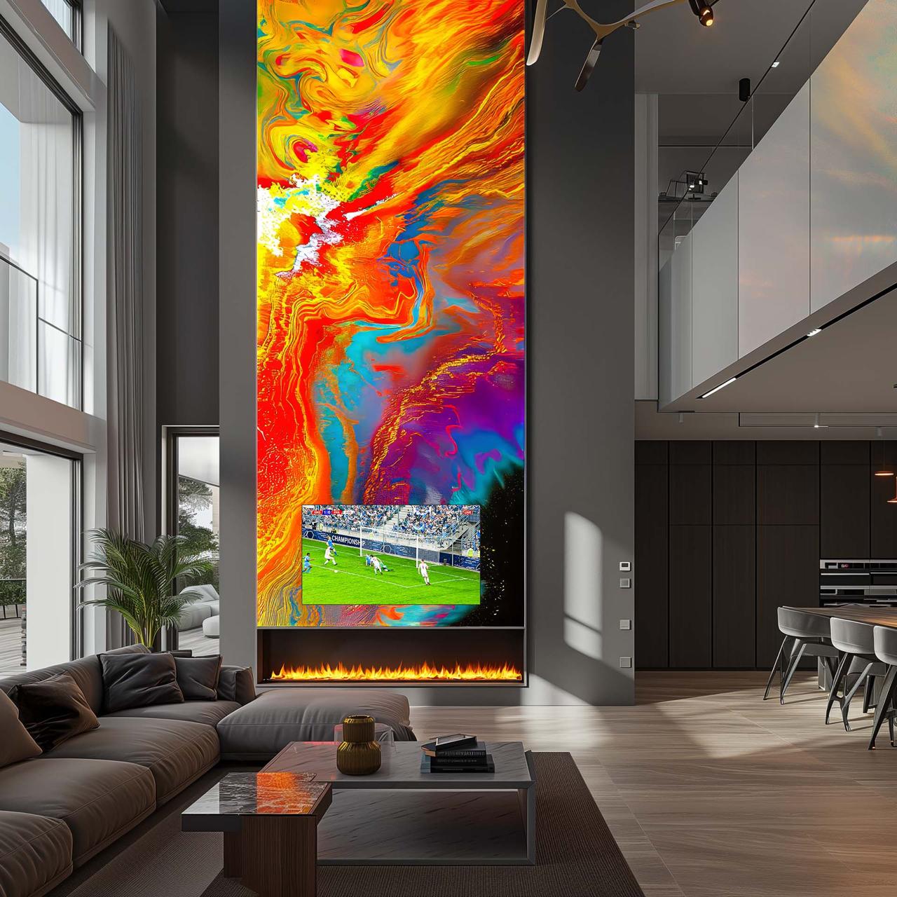Super-tall vertical video wall with colorful art and live sports positioned above a linear fireplace