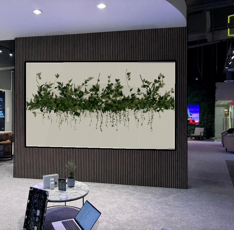 Large architectural video wall integrated into a dark vertical-slat feature wall